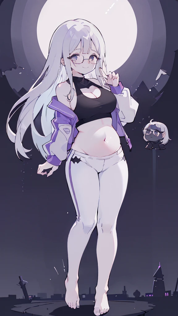 cement wall, Beautiful shades, (standing:1.5), city background, sunlight reflection, morning, soft shading, Dynamic Pose Dynamic Angle, [ 4k digital art ]!!,(big bust, prominent cleavage:1.5), (Black eyes with a slight purple tint:1.5), (a devastated expression, dead eyes, dark atmosphere:1.5), (Very white and long hair with a bluish tint, weak perm:1.5), (sports bra, extra long sports jacket, micro pants, :1.5), (bare foot, round-rimmed glasses:1.5), (Aegyo belly fat:1.5), (smiling faintly:1.5),