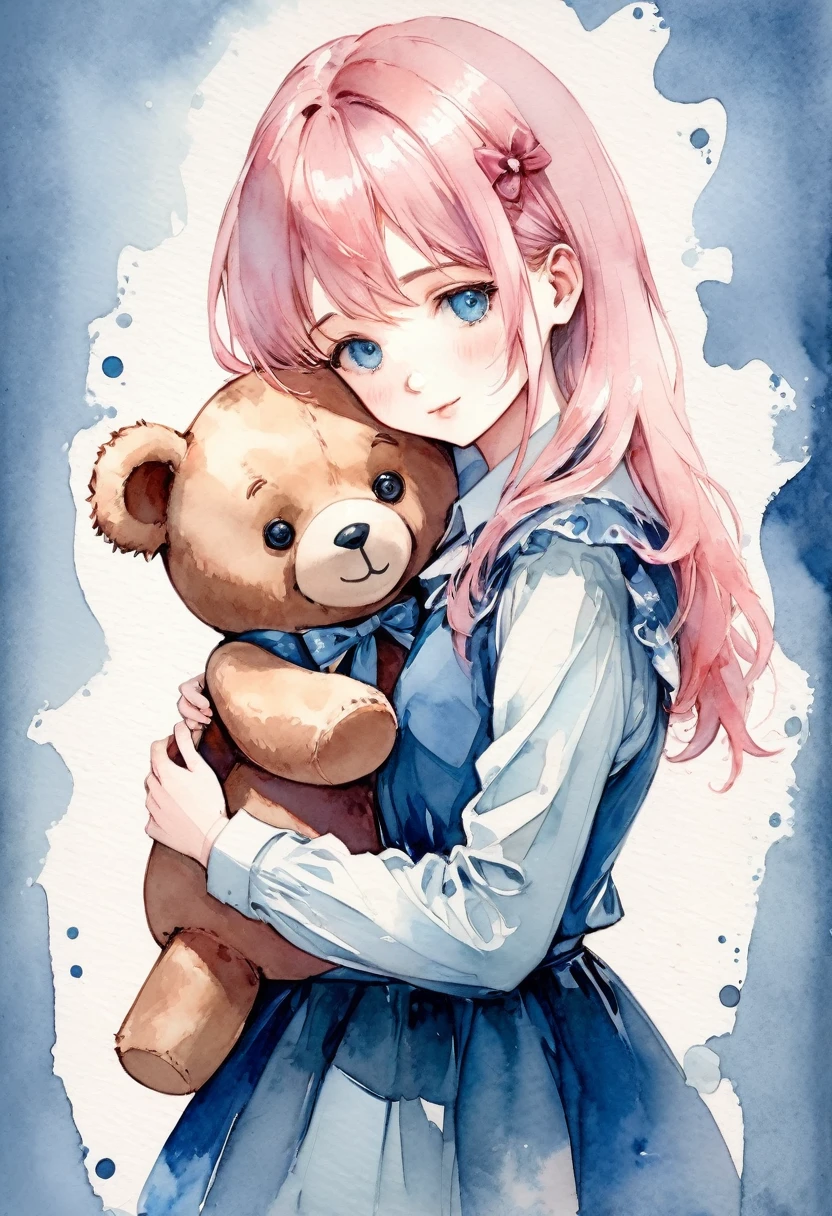 ((antique:1.5)),((hugging a teddy bear:1.5)),Beautiful and cute girl,1 Girl,Solo,Sharp features,Sophisticated,((Watercolor:1.5)),whole body,Pink and blue colors