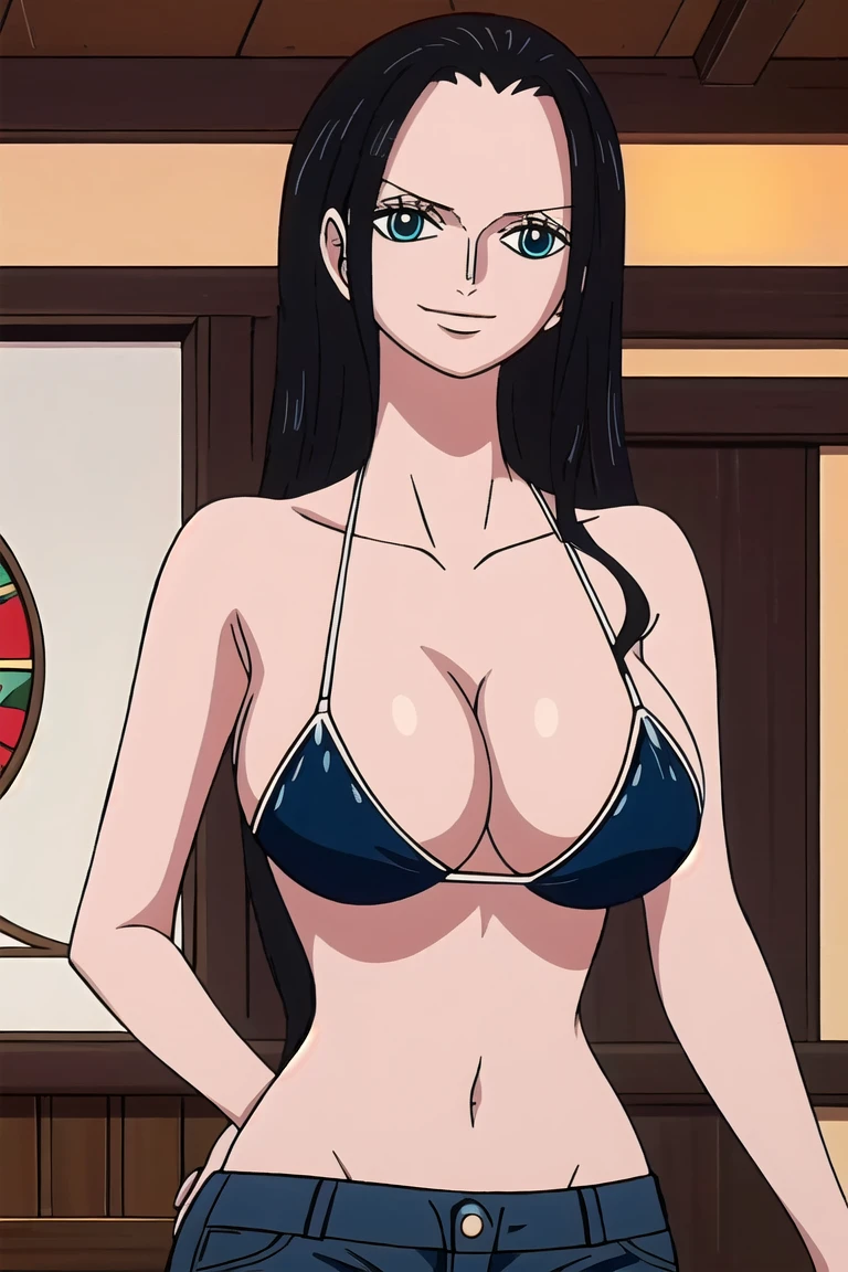 score_10, score_9, score_8_up, score_7_up, score_6_up, score_5_up, score_4_up, BREAK, source_anime, nico robin, one piece, smile, micro bikini bra, white brim, micro maid waist apron, cuffs, bow, zettai ryouiki thighhighs, looking at viewer, (sagging huge_breast:1.2), erect nipples, dirty dark large areola, (skinny, slim legs), milf, natural armpit hair, Unshaven black Pubic Hair, nsfw, front view, standing, hand on hip, in the restaurant, one_piece_wano_style