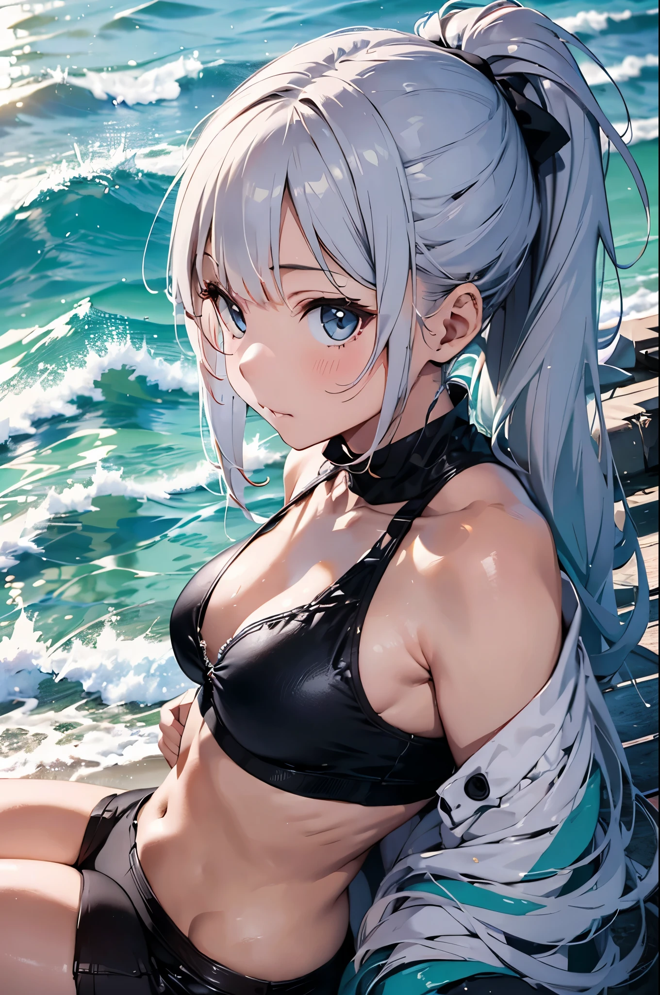 High resolution,
One beautiful young woman,Silver Hair、ponytail、
(Soft Saturation:1.3), (Fair skin:1.2),
(ultra-Detailed Background, Detailed Background), Bokeh,
break'Portrait of a smiling girl.,
When viewed from the front, The composition is symmetrical,
Looking straight at you with serious eyes,
break Swimwea、, Center of chest,
Outdoor, Sea surface, null, sunlight,Summer beach, Sandy Beach,
Strong light, Front lighting,
(Teen:1.3), (Cowboy Shot:1.2),
Front brake angle,
View your viewers,
Dynamic pose,
sitting on the beach
Seaweed、Seaweed、Seaweed、Seaweed、Seaweed、Seaweed、Seaweed、