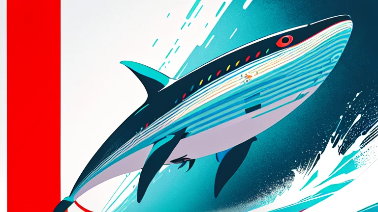 (WPAP Style), (pop art), A flying whale、Create pop-art style images that float against vibrantly colored backgrounds。In the background、red, green, There is a yellow dot pattern、Whales have iridescent fins and large wings.。The whale&#39;s body is decorated with colorful geometric patterns.、It depicts the creature swimming freely through the air.。