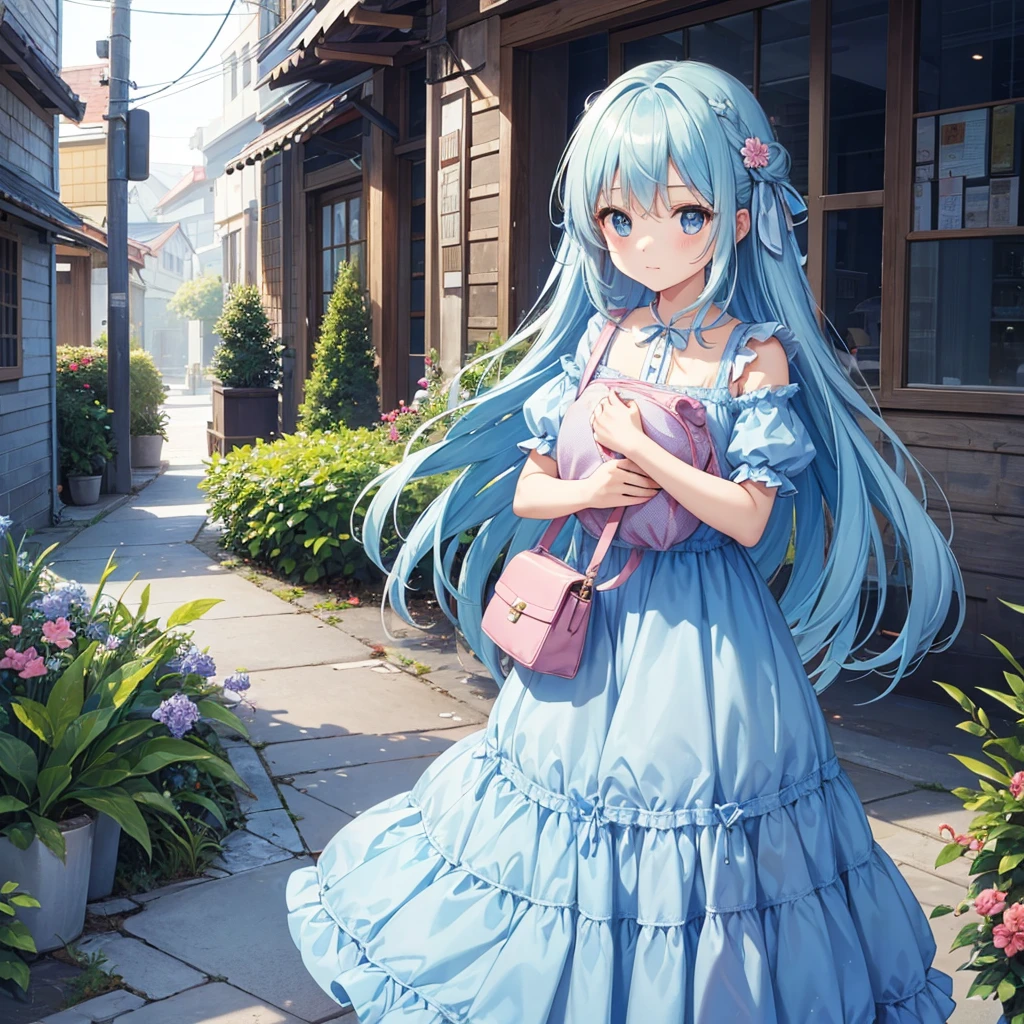 Girl with long light blue hair、Patchwork dress、Small and cute girl、Carrying a bag bigger than one's body、Deep blue eyes、Full-body portrait、Staring at me with cold eyes