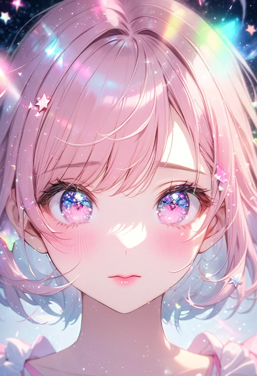 Cute Girl, face focus, kissing face, make-up, attractive and seductive expression, pink hearts effects, star effects, sound note effects, glitter effects, pastel color effects, foggy filter effects, beautiful effects, 2.5D, delicate and dynamic, great Proportions