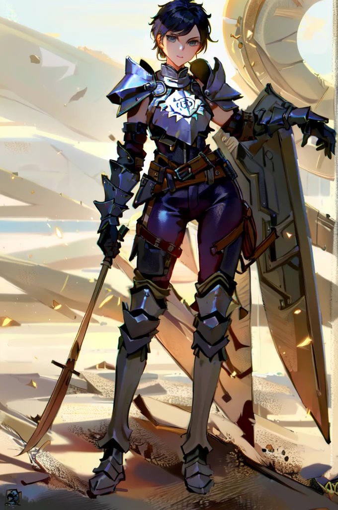 (masterpiece, best quality, ultra detailed, absurdres)1.5, 1girl, (sexy, beautiful woman, perfect face, perfect eyes, perfect female body)1.5, (cassandrada, short hair, black hair, armor, shoulder armor, leather pants, armored boots, gloves, ), (standing, medieval castle), perfect lighting, smooth, hdr