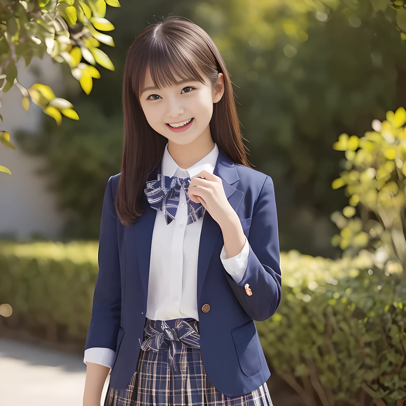 (Highest quality, masterpiece:1.2), Highest quality, High resolution, 1080P, 8k, height: 165cm, ((A noble, graceful and intelligent girl who looks like a best proportion Japanese young lady is turning around and giggling in a strong wind)), ((So sweet, very noble, neat, and pretty Japanese beautiful cute girl)), ((A real, very girly, sweet, cute and noble girl)), ((((A beautiful Japanese cute fashion model)))), ((((Very pure white face and limbs)))), Glossy Lips, (Evenly cut bangs), ((Very beautiful, droopy, cute, pure, noble brown eyes)), ((Super long, black straight hair that reaches the floor)), (Very shiny, glossy Lips), ((Beautiful straight hair like a school promotion model)), Watch at you, ((Incredibly well organized, Rich facial expressions)), ((Plump and beautiful white skin and face)), ((Pure, clear, gentle brown eyes)), ((staring at me)), Glossy Lips, ((noble and elegant)), Very beautiful blue skirt, ((Large upward-curving lips)), White Hand, ((((Navy Japanese school blazer with noble golden emblem)))), ((Navy and sapphire blue Japanese school uniform)), ((Tartan check pattern pleated long skirt)), ((Cobalt blue string chest ribbon)), ((((An ecstatic expression of boundless joy)))), ((plain white background)), ((perfect body)), (((hair beauty magazine for young girls)))