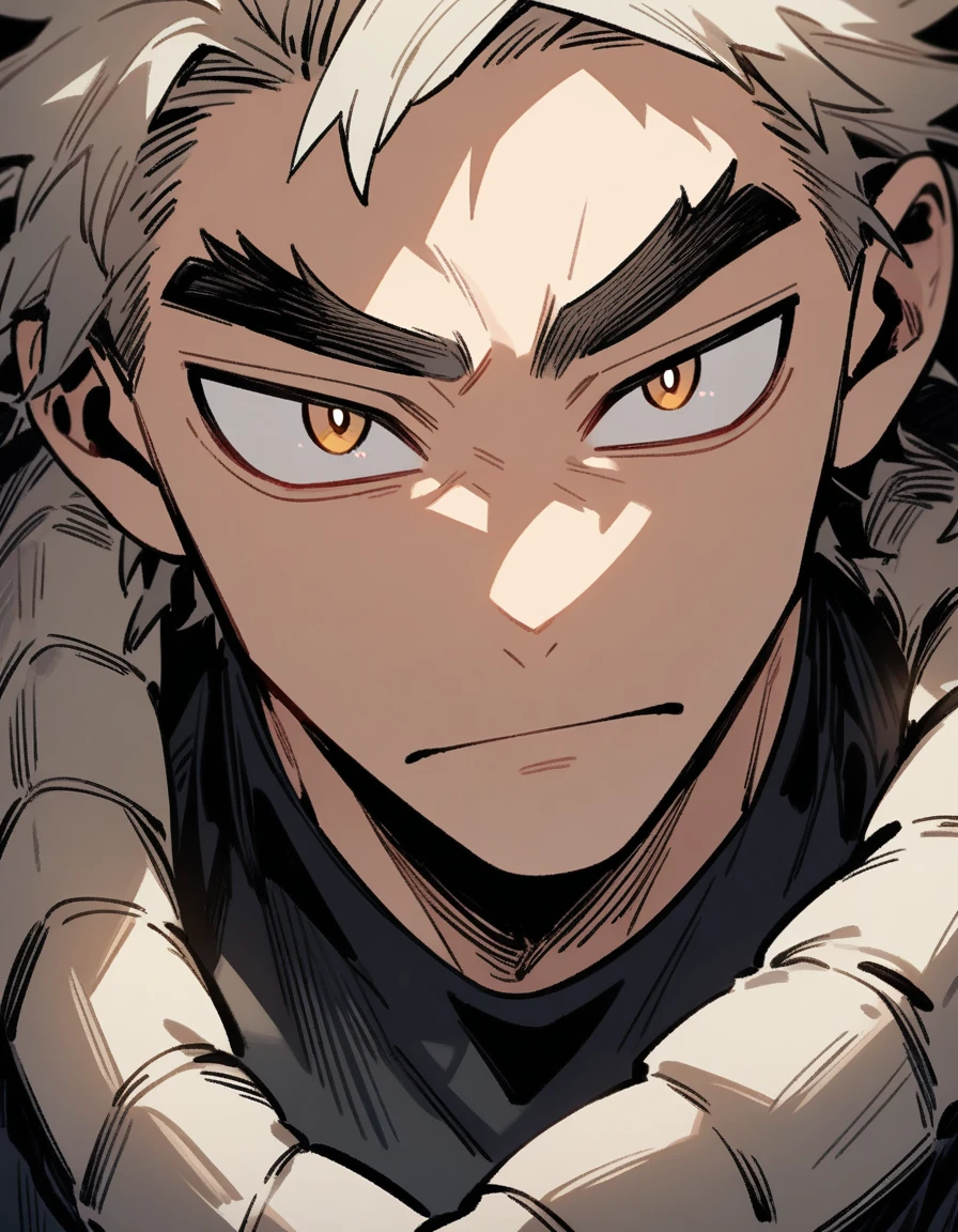 One boy, male focus, young, teen, boku no hero academia, Face portrait, Oval face, strong jaw and high cheekbones. Soft but marked features. Slightly almond-shaped eyes framed by long, straight eyelashes, deep gaze. Expression of concentration. Thick eyebrows. masterpiece. best quality. very aesthetic. proportionally anatomical. Detailed illustration, foreground portrait. Black t-shirt.