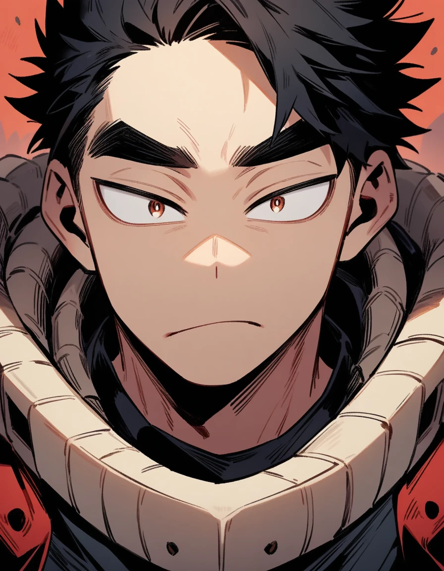 One boy, male focus, young, teen, boku no hero academia, Face portrait, Oval face, strong jaw and high cheekbones. Soft but marked features. Slightly almond-shaped eyes framed by long, straight eyelashes, deep gaze. Expression of concentration. Thick eyebrows. masterpiece. best quality. very aesthetic. proportionally anatomical. Detailed illustration, foreground portrait. Black t-shirt.