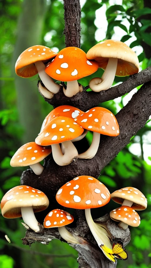 A large mushroom growing on a tree, an orange mushroom, a poisonous mushroom, a tree, a mushroom, an insect eating a mushroom, a butterfly