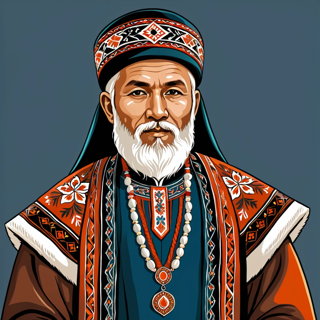 old man in bashkir folk outfit, vector graphics, strong contours
