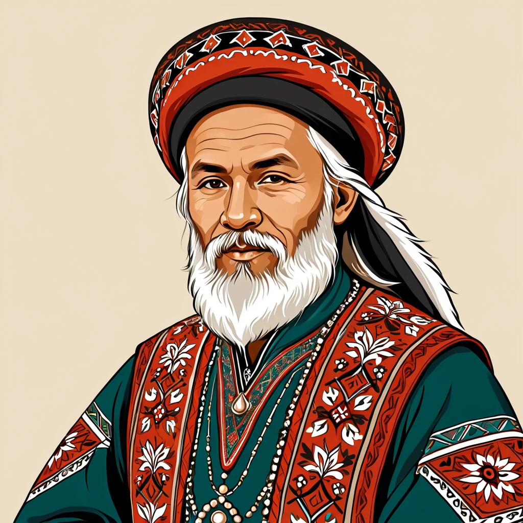 old man in bashkir folk outfit, vector graphics, strong contours