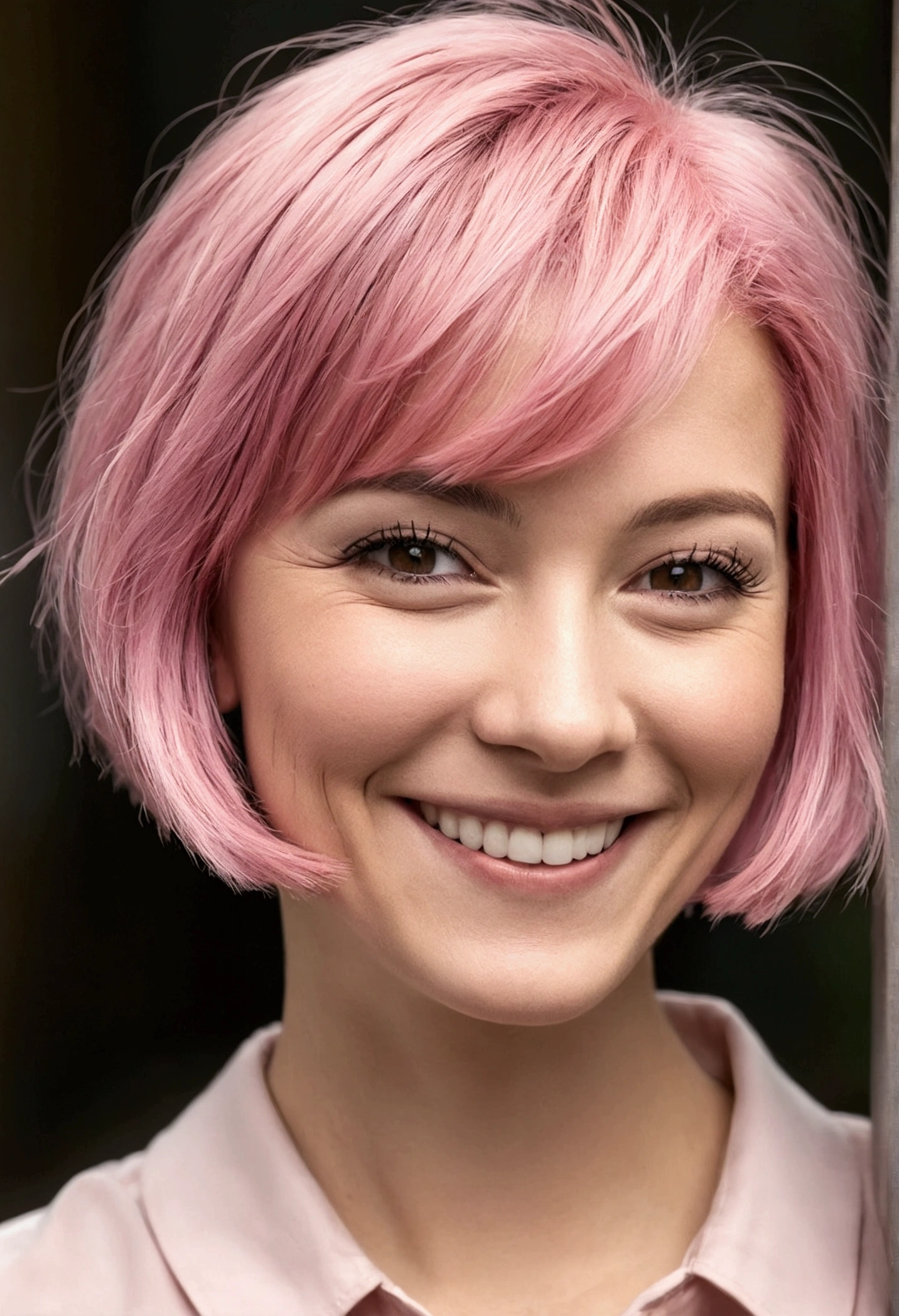 Woman with short pink hair smiling 