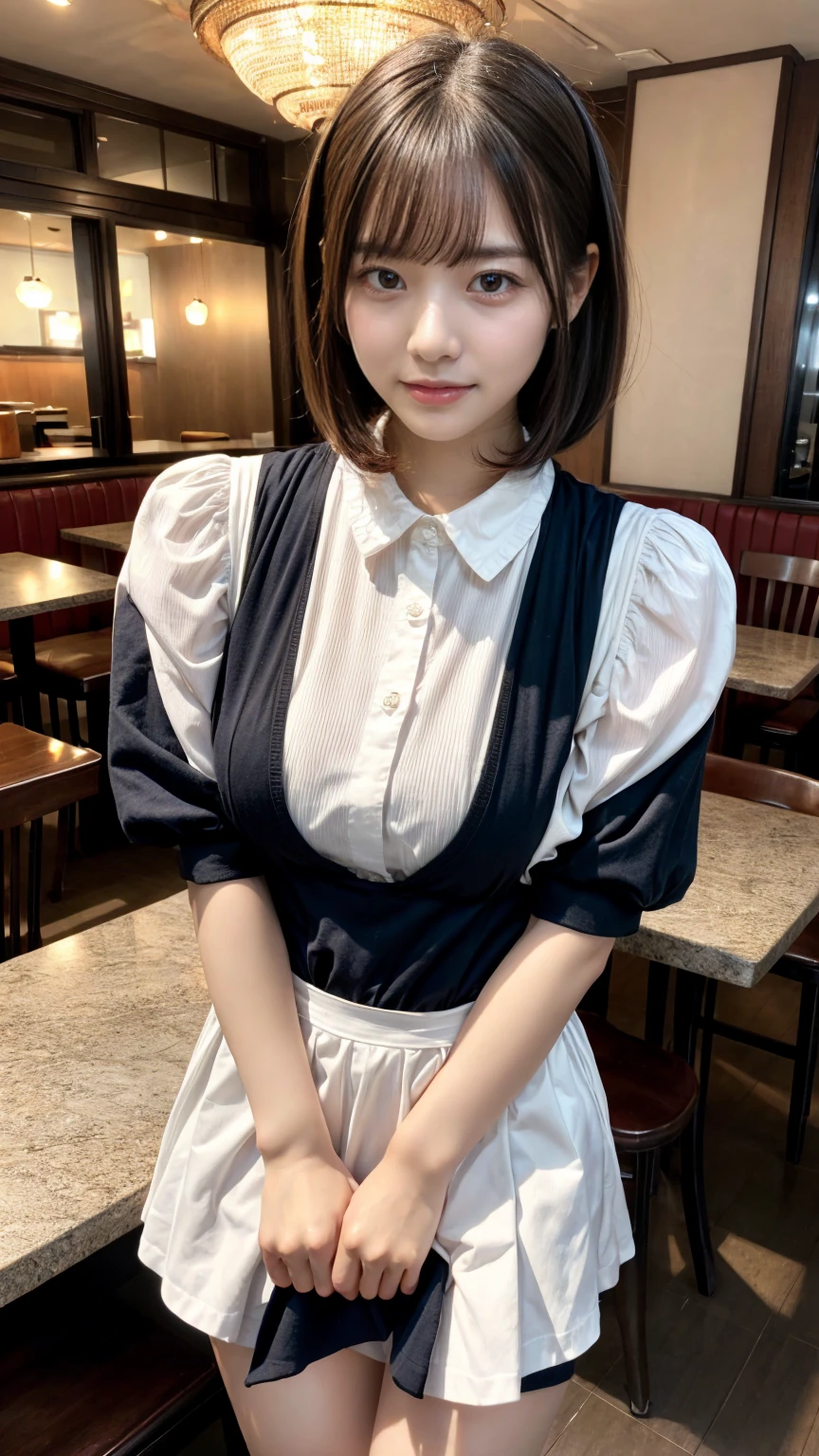 masterpiece, best quality, illustration, Super detailed, fine details, High resolution, 8K,wall paper, perfect dynamic composition,(Details High quality, realistic depiction of eyes:1.3), waitress uniform, restaurant, huge breasts, short bob hair、black hair color, Big Natural Color Lip, (perfect body shape), crying a little、Harajuku style、20 year old girl、cute type、lolita、beautiful legs, focus on crotch, full body photo, gravure idol