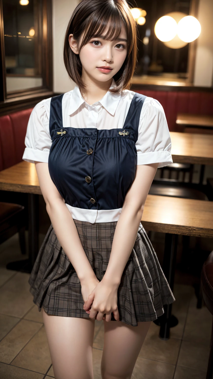 masterpiece, best quality, illustration, Super detailed, fine details, High resolution, 8K,wall paper, perfect dynamic composition,(Details High quality, realistic depiction of eyes:1.3), waitress uniform, restaurant, huge breasts, short bob hair、black hair color, Big Natural Color Lip, (perfect body shape), crying a little、Harajuku style、20 year old girl、cute type、lolita、beautiful legs, focus on crotch, full body photo, gravure idol