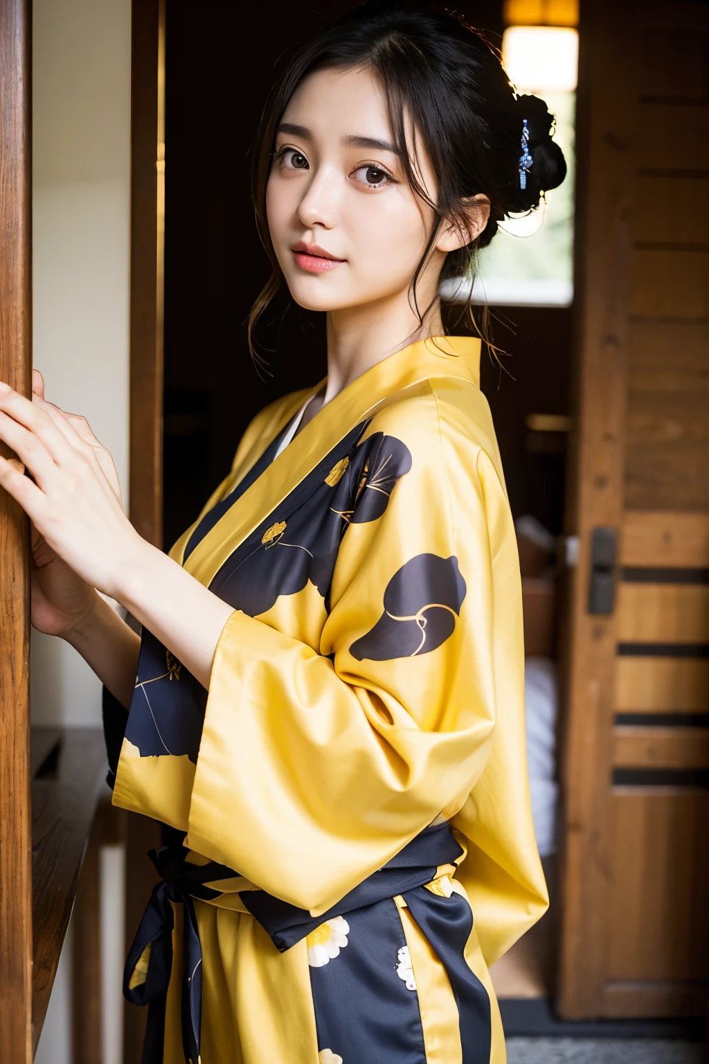 ((Highest quality)), ((masterpiece)), (detailed), One girl, sexy、Traditional Yukata、Japanese、Yellow outfit、Luxurious obi、Black Hair、Nape