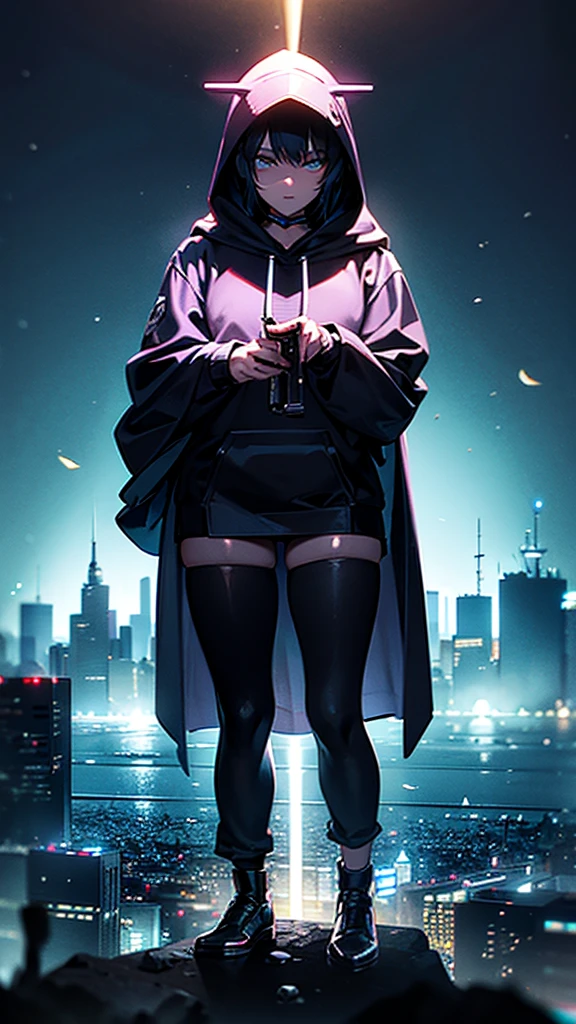 a woman wearing a HOODIE, AND a cool mask, black robe, is sitting. on top of a city tower while holding a FIREARM, with realistic lighting effects, accompanied by the glow of flying fireflies adding to the impression of a religious feel, with photo results, HDR, 8k, anime,
