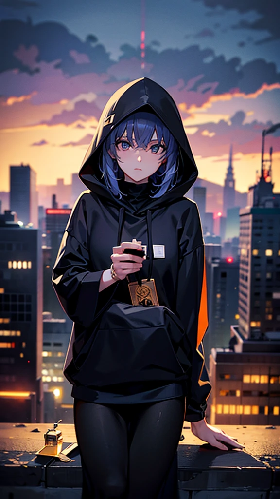 a woman wearing a HOODIE, AND a cool mask, black robe, is sitting. on top of a city tower while holding a FIREARM, with realistic lighting effects, accompanied by the glow of flying fireflies adding to the impression of a religious feel, with photo results, HDR, 8k, anime,