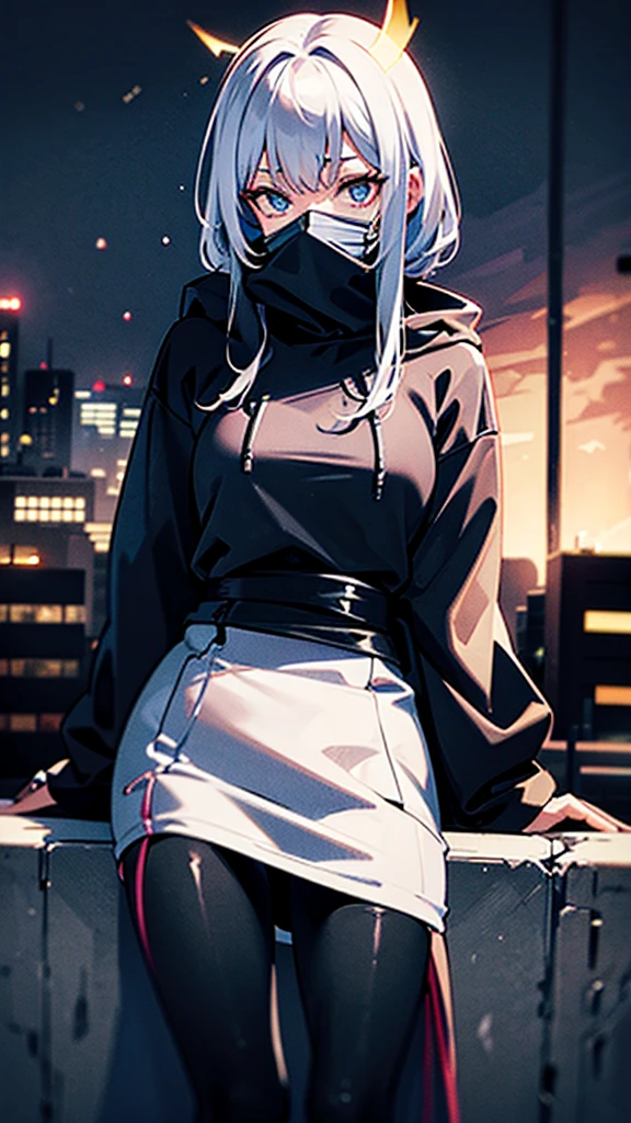 a woman wearing a HOODIE, AND a cool mask, black robe, is sitting. on top of a city tower while holding a FIREARM, with realistic lighting effects, accompanied by the glow of flying fireflies adding to the impression of a religious feel, with photo results, HDR, 8k, anime,