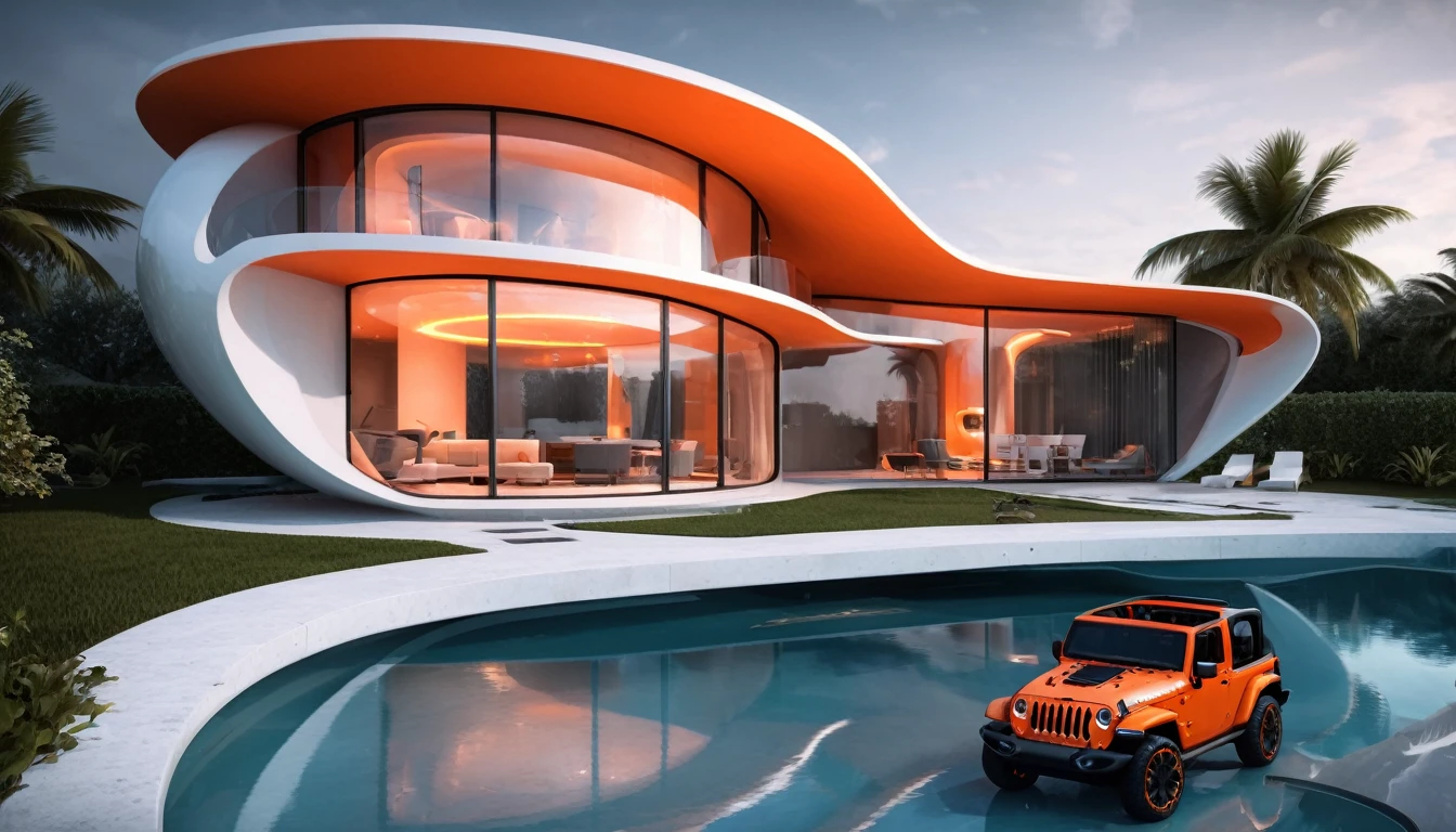 a futuristic house with an orange jeep wrangler parked in front of it, cgsocietywlop, beautiful curves, intricate devilish designs, qualia, interesting shapes & form, wow factor, elaborate polished, architectural rendering, miami, orange soft lighting in interior of house, futuristic battlefield, inspired by James E. Brewton, precise architectural rendering