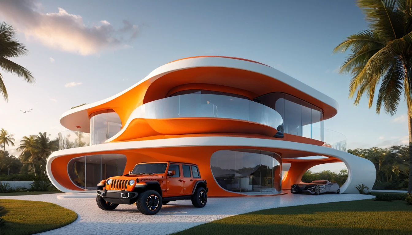 a futuristic house with an orange jeep wrangler parked in front of it, cgsocietywlop, beautiful curves, intricate devilish designs, qualia, interesting shapes & form, wow factor, elaborate polished, architectural rendering, miami, orange soft lighting in interior of house, futuristic battlefield, inspired by James E. Brewton, precise architectural rendering