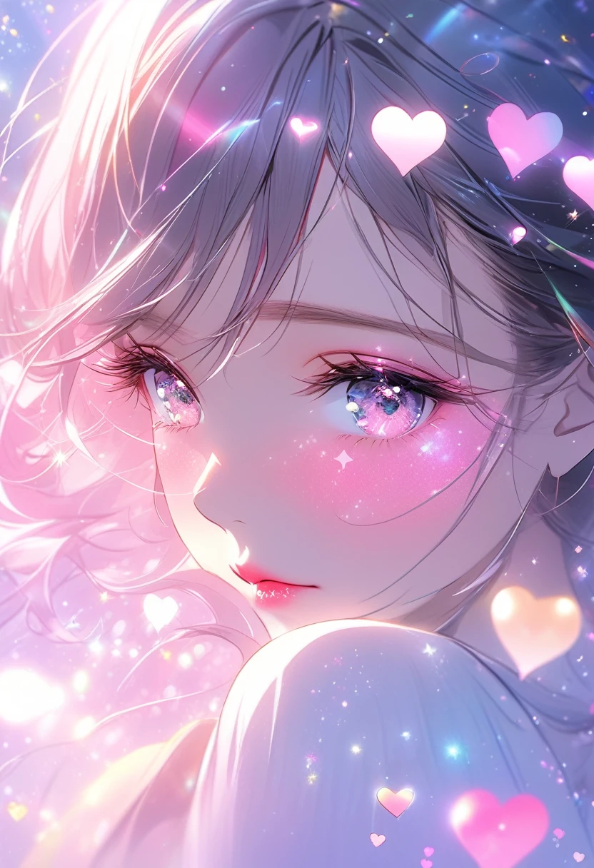 Cute Girl, face focus, kissing face, make-up, attractive and seductive expression, pink hearts effects, star effects, sound note effects, glitter effects, pastel color effects, foggy filter effects, beautiful effects, 2.5D, delicate and dynamic, great Proportions