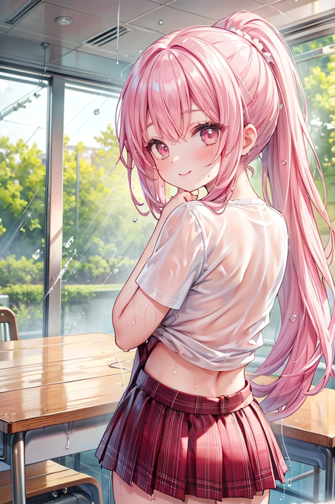 masterpiece, best quality, nsfw,
1girl, summer , plaid skirt, pink hair, ponytail, smile,
hands behind head, (wet body:1.5), transparent,
classroom,
