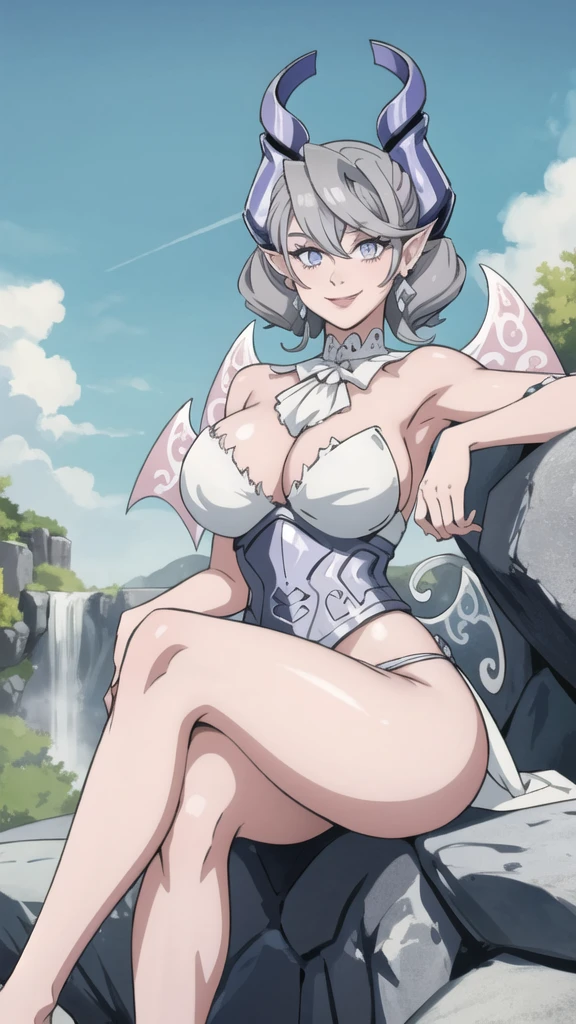 Waterfalls High level image quality best image quality 8K adult woman garden rocks outside more colors whole body view portrait wearing bikini white horn ears short hair((shortcut)(gray hair)(perm)(fluffy)) eye color is blue , , attractive evil face , smile , sexy pose , labrynth , barearm , wearing pink , big wings , sitting , crossed legs