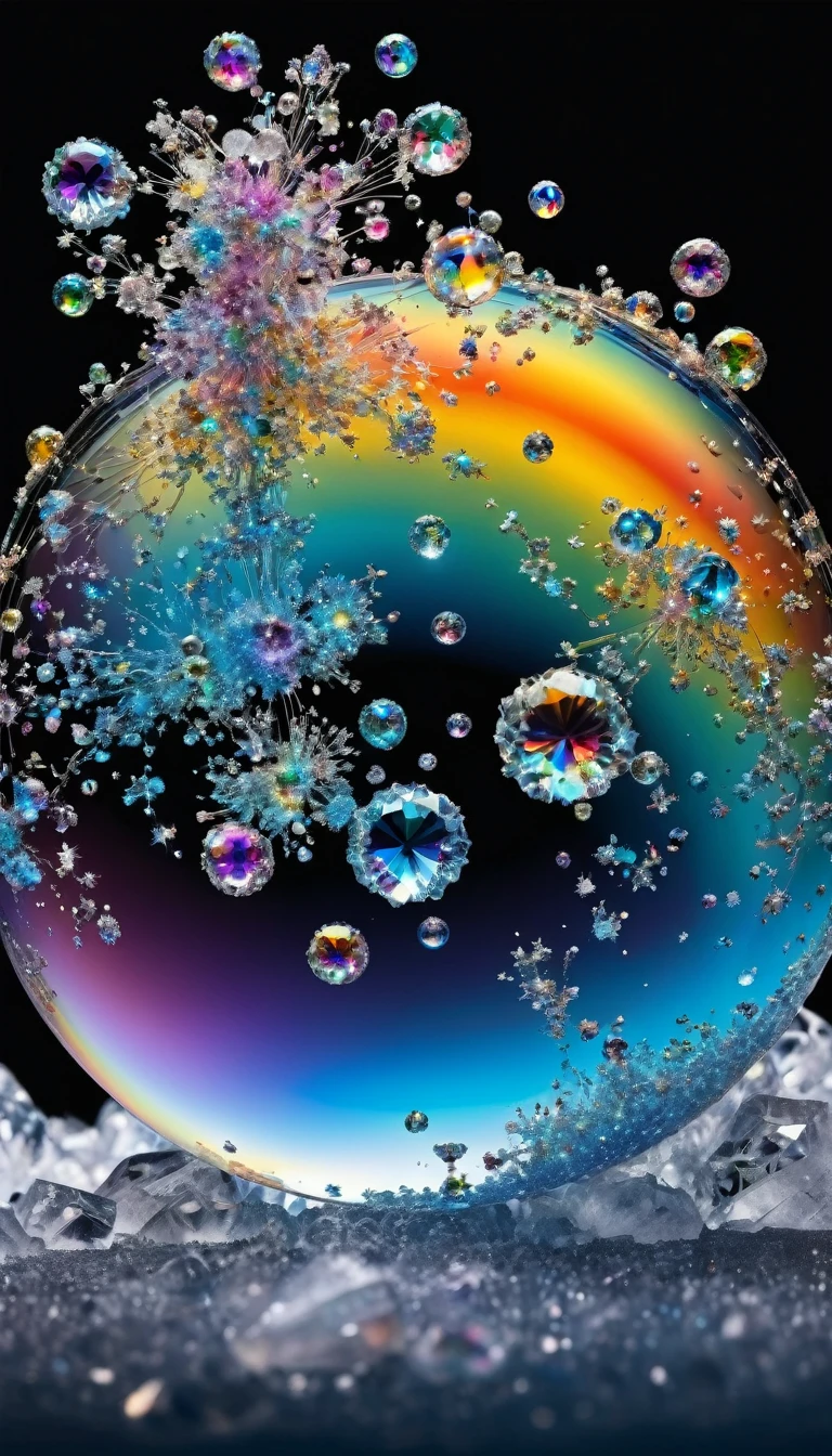 Highest quality, Super Fine, 16K, delicate and dynamic, The world of the planet with the largest absolute zero image in the universe, Freeze and swallow everything, atom, molecular, suspension, beautiful crystals, Shiny rainbow effect