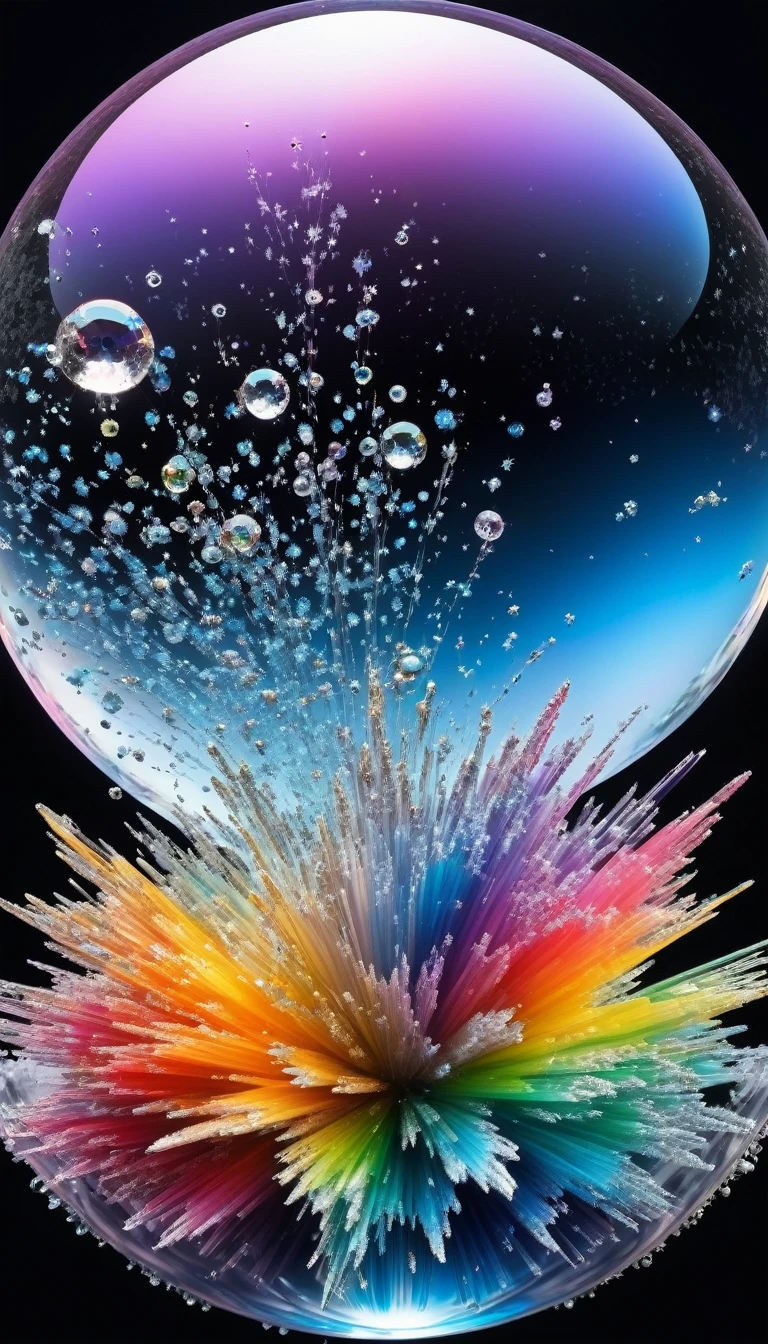 Highest quality, Super Fine, 16K, delicate and dynamic, The world of the planet with the largest absolute zero image in the universe, Freeze and swallow everything, atom, molecular, suspension, beautiful crystals, Shiny rainbow effect