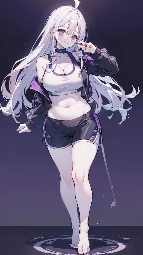 cement wall, Beautiful shades, (standing:1.5), city background, sunlight reflection, morning, soft shading, Dynamic Pose Dynamic Angle, [ 4k digital art ]!!,(big bust, prominent cleavage:1.5), (Black eyes with a slight purple tint:1.5), (a devastated expression, dead eyes, dark atmosphere:1.5), (Very white and long hair with a bluish tint, weak perm:1.5), (sports bra, extra long sports jacket, shorts, micro pants, :1.5), (bare foot, round-rimmed glasses:1.5), (Aegyo belly fat:1.5), (smiling faintly:1.5),