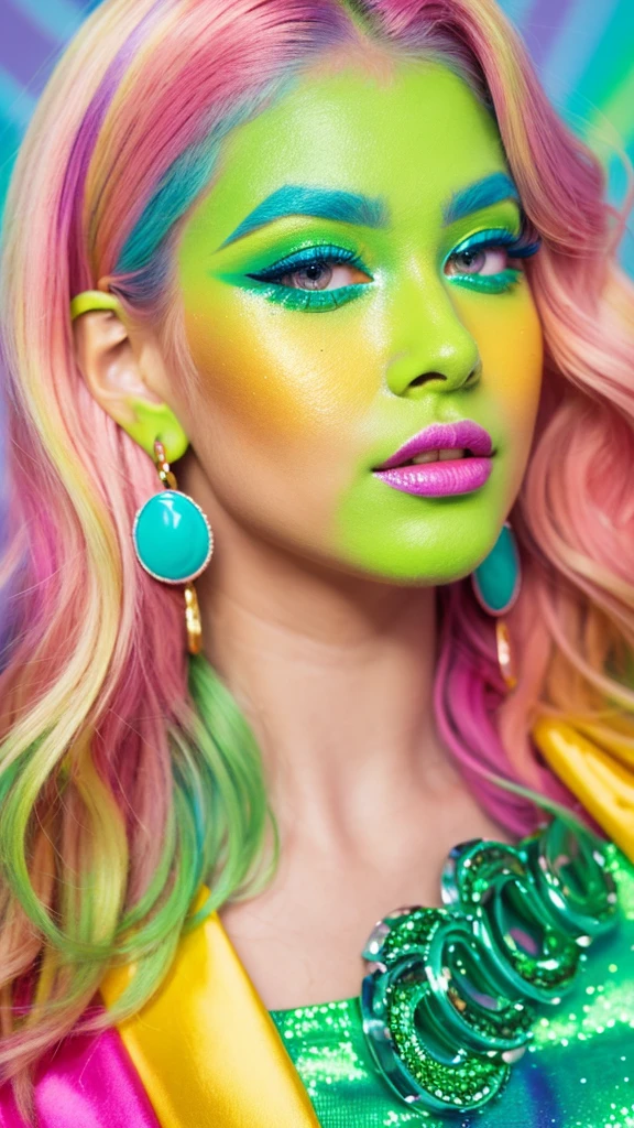 "A close-up portrait of a girl with vibrant neon makeup. The makeup features bright green and pink eyeshadow with glitter, long colorful eyelashes, and glossy lips. The person has curly blonde hair and is wearing large, colorful earrings. The background is a soft green color, complementing the makeup and accessories. The overall style is vibrant, eye-catching, and artistic."
