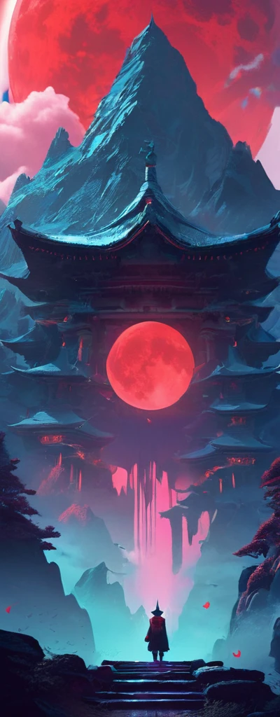 Scif vibes. Otherworldly. Cinematic. Ominous mountain, digital art, inspired by Cyril Rolando, digital art, blood red moon, forest, Japanese temple, beeple and jeremiah ketner, symmetrical digital illustration, realism | beeple, over detailed art, music album art. Creepy