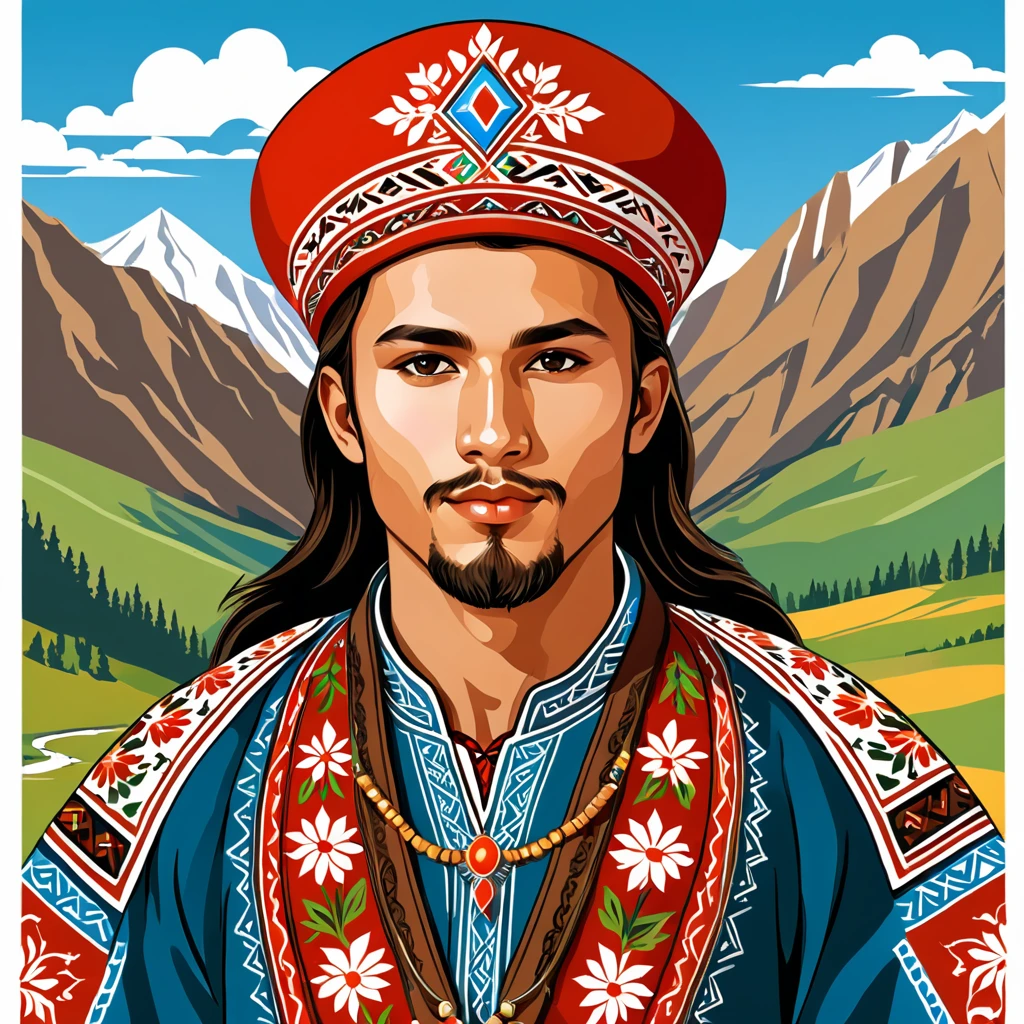 young man in bashkir folk outfit, vector graphics, strong contours