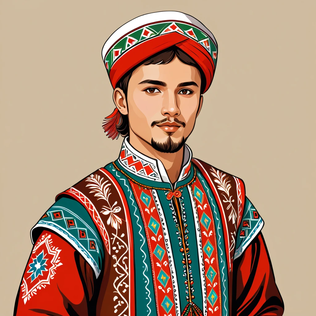young man in bashkir folk outfit, vector graphics, strong contours