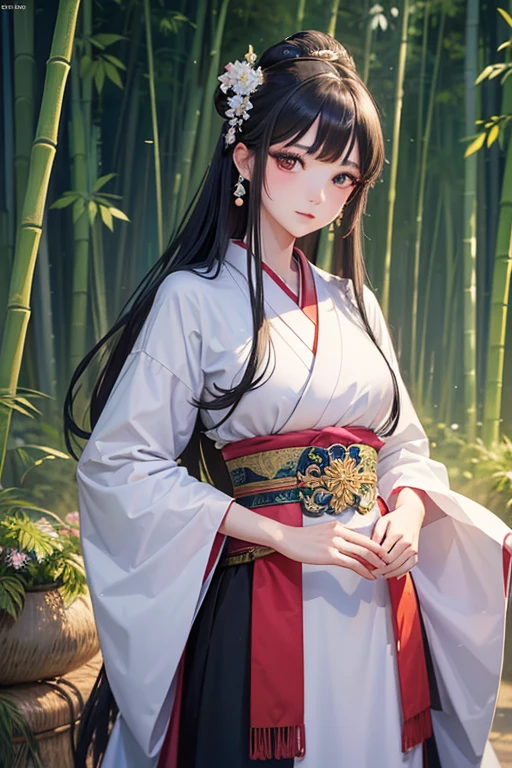 (Highest quality、 8k wallpaper、masterpiece、High resolution)、Vibrant colors、The Tale of the Bamboo Cutter、The Tale of Princess Kaguya、Elegant and beautiful woman with long black hair、Traditional costumes of Japan、12 Single layer costume、Detailed Background、Big Moon、bamboo forest、Detailed digital art、