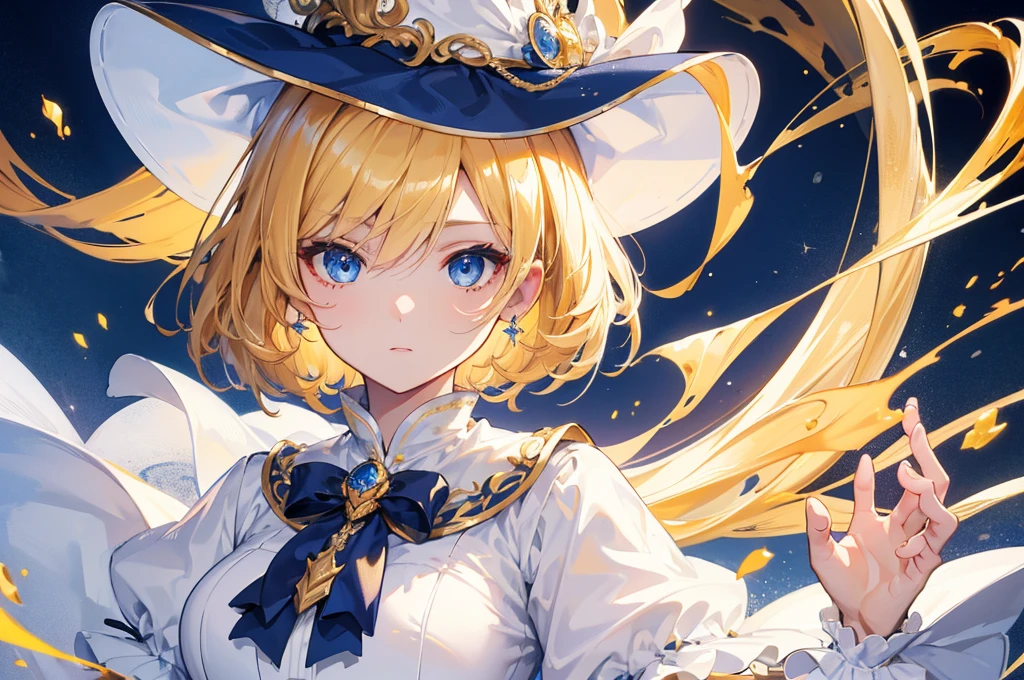 (Highest quality) (4K) (8k) (High resolution) (masterpiece:1.2) (Super detailed) One girl short hair witch Blue Eyes Long sleeve Golden decoration Hair between the eyes White Dress Wavy golden hair Upper Body (White Background) front Face close-up Cast a spell White hat