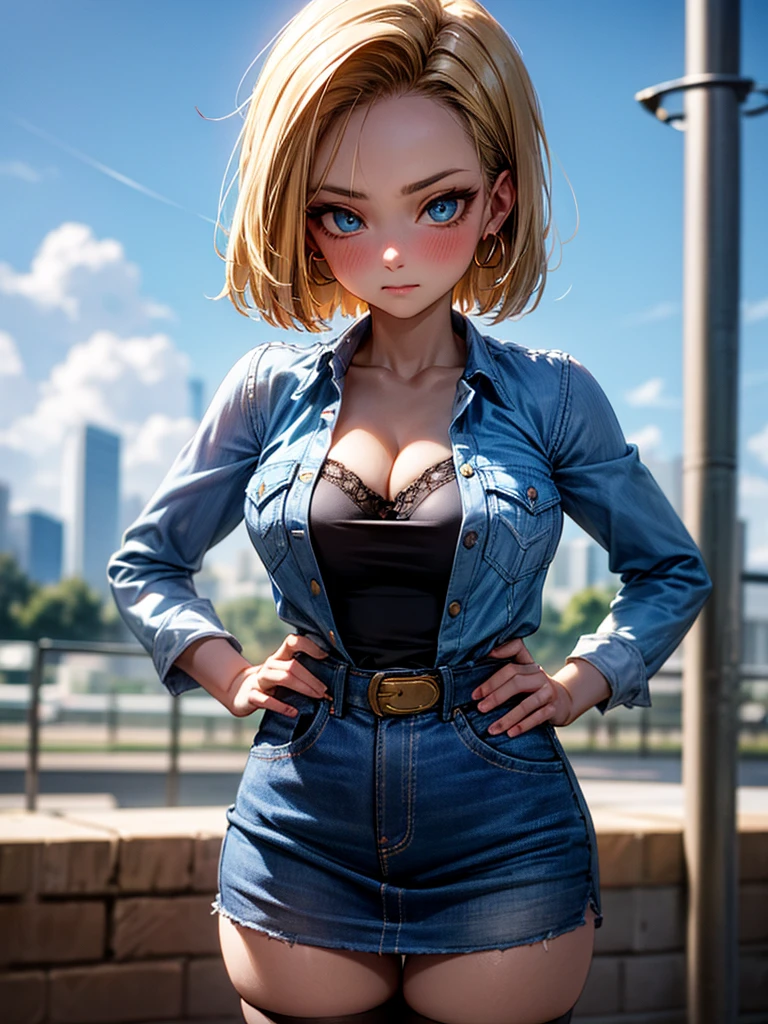 android 18, android 18, blonde hair, blue eyes, eyelash, hoop earrings, short hair, earrings, break belt, black legwear, black shirt, breast pocket, cleavage, clavicle, denim, denim skirt, high-waist skirt, jewelry, long sleeve, pocket, shirt, shirt tucked in, skirt, striped, striped sleeves, waistcoat,, break outdoors, city, null, cloud, sun, break looking at viewer, (cowboy shot:1.5), break (masterpiece:1.2), highest quality, High resolution, unity 8k wallpaper, (shape:0.8), (beautiful and detailed eyes:1.6), highly detailed face, perfect lighting, Very detailed CG, (perfect hands, perfect anatomy)