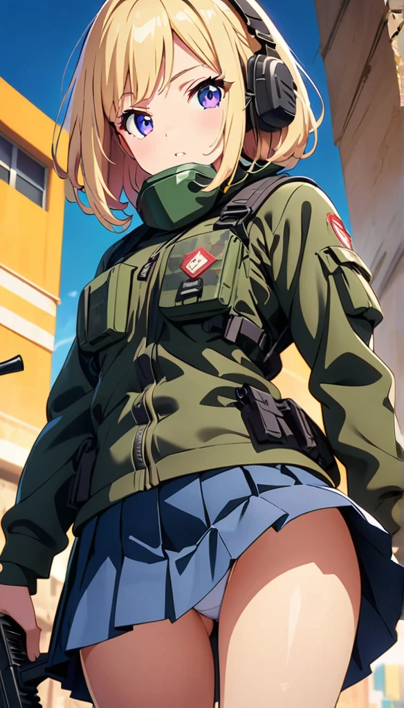 (anime artwork, anime style, studio anime, very detailed, up to date, vibrant, Anime Coloring, high contrast, masterpiece:1.2, best quality, best aesthetics),camouflage clothing,camouflage helmet, pleated skirt, Medium chest, A glimpse of thighs,random hair, One eye is hidden by the bangs, perfect proportions, high detail skin, Cute, detailed faces, random sexy pose, precise fingers,panty shot Girl shooting automatic rifle, (muzzle explodes:1.2), (looks into sight), finely drawn automatic rifle, bulletproof suit, (turn towards the viewer), syncs body orientation and gaze, dynamic angle, battle, war,