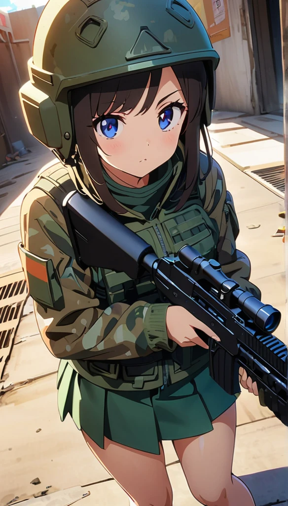 (anime artwork, anime style, studio anime, very detailed, up to date, vibrant, Anime Coloring, high contrast, masterpiece:1.2, best quality, best aesthetics),camouflage clothing,camouflage  helmet, pleated skirt, Medium chest, A glimpse of thighs,random hair, One eye is hidden by the bangs, perfect proportions, high detail skin, Cute, detailed faces, random sexy pose, precise fingers,panty shot Girl shooting automatic rifle, (muzzle explodes:1.2), (looks into sight), finely drawn automatic rifle, bulletproof suit, (turn towards the viewer), syncs body orientation and gaze, dynamic angle, battle, war,