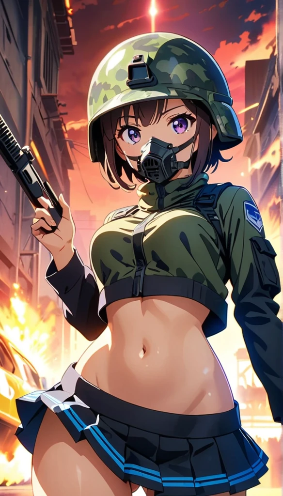 (anime artwork, anime style, studio anime, very detailed, up to date, vibrant, Anime Coloring, high contrast, masterpiece:1.2, best quality, best aesthetics),camouflage clothing,camouflage helmet, pleated skirt, Medium chest, A glimpse of thighs,random hair, One eye is hidden by the bangs, perfect proportions, high detail skin, Cute, detailed faces, random sexy pose, precise fingers,panty shot Girl shooting automatic rifle, (muzzle explodes:1.2), (looks into sight), finely drawn automatic rifle, bulletproof suit, (turn towards the viewer), syncs body orientation and gaze, dynamic angle, battle, war,