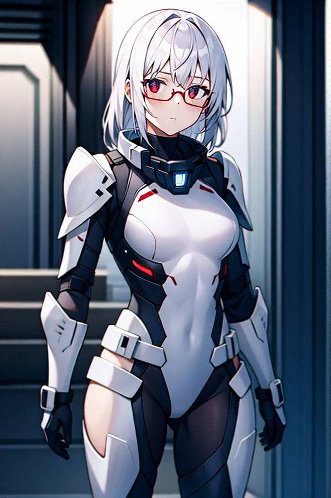 Masterpiece, solo, female, 1girl, 4k, standing, outdoor, white hair, white glasses, short, futuristic black soldier armor, cowboy shot's, Bokeh,red eyes, female soldier, bulletproof soldier armor, flat breast, flat chest, mature women, space soldier armor, guns holster 