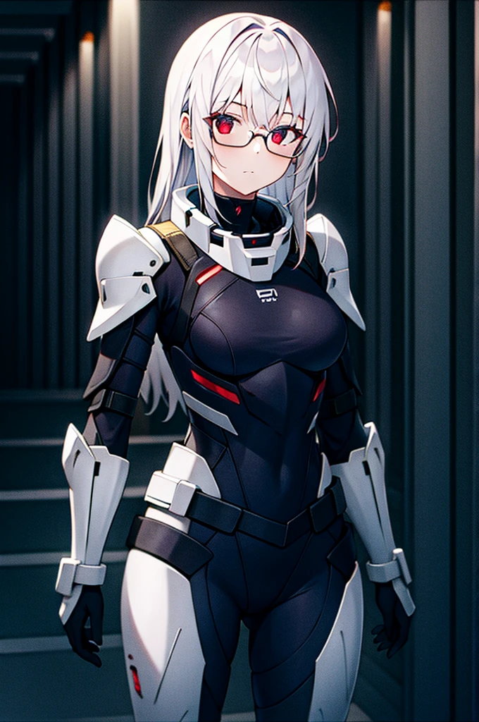 Masterpiece, solo, female, 1girl, 4k, standing, outdoor, white hair, white glasses, short, futuristic black soldier armor, cowboy shot's, Bokeh,red eyes, female soldier, bulletproof soldier armor, flat , flat chest, mature, space soldier armor, guns holster