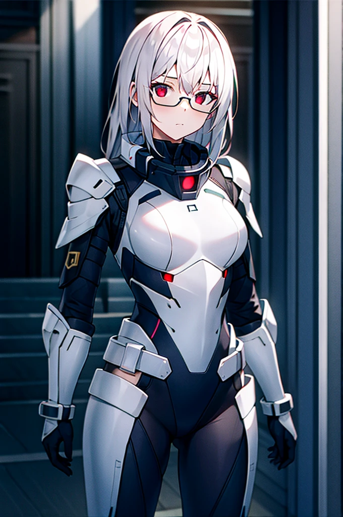 Masterpiece, solo, female, 1girl, 4k, standing, outdoor, white hair, white glasses, short, futuristic black soldier armor, cowboy shot's, Bokeh,red eyes, female soldier, bulletproof soldier armor, flat breast, flat chest, mature women, space soldier armor, guns holster