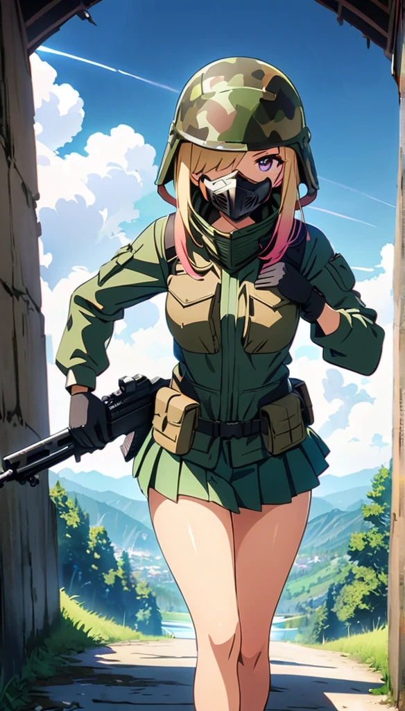 (anime artwork, anime style, studio anime, very detailed, up to date, vibrant, Anime Coloring, high contrast, masterpiece:1.2, best quality, best aesthetics),camouflage clothing,camouflage  helmet, pleated skirt, Medium chest, A glimpse of thighs,random hair, One eye is hidden by the bangs, perfect proportions, high detail skin, Cute, detailed faces, random sexy pose, precise fingers,panty shot Girl shooting automatic rifle, (muzzle explodes:1.2), (looks into sight), finely drawn automatic rifle, bulletproof suit, (turn towards the viewer), syncs body orientation and gaze, dynamic angle, battle, war,