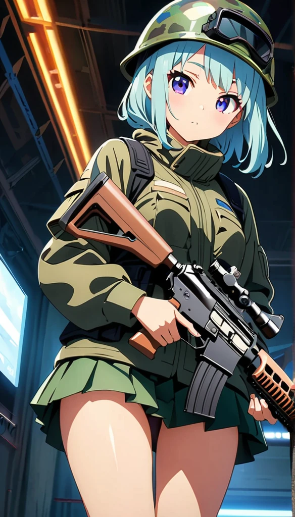 (anime artwork, anime style, studio anime, very detailed, up to date, vibrant, Anime Coloring, high contrast, masterpiece:1.2, best quality, best aesthetics),camouflage clothing,camouflage helmet, pleated skirt, Medium chest, A glimpse of thighs,random hair, One eye is hidden by the bangs, perfect proportions, high detail skin, Cute, detailed faces, random sexy pose, precise fingers,panty shot Girl shooting automatic rifle, (muzzle explodes:1.2), (looks into sight), finely drawn automatic rifle, bulletproof suit, (turn towards the viewer), syncs body orientation and gaze, dynamic angle, battle, war,