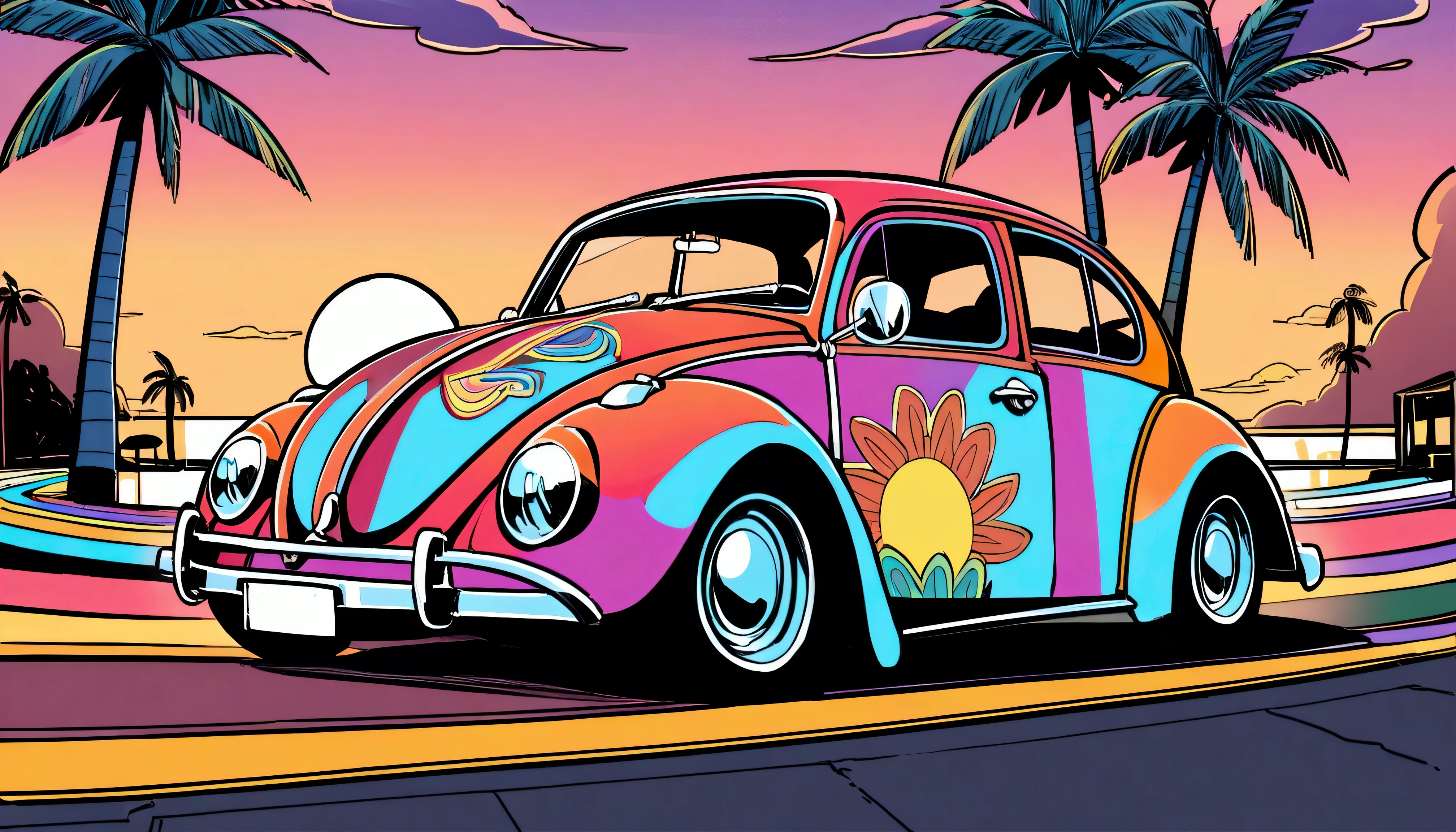 ((Sticker design)), Volkswagen Type 1 beetle, Sunset background, Palm tree, Layers with 5 colors, Corner Street, Belek's Drums, Plethean,