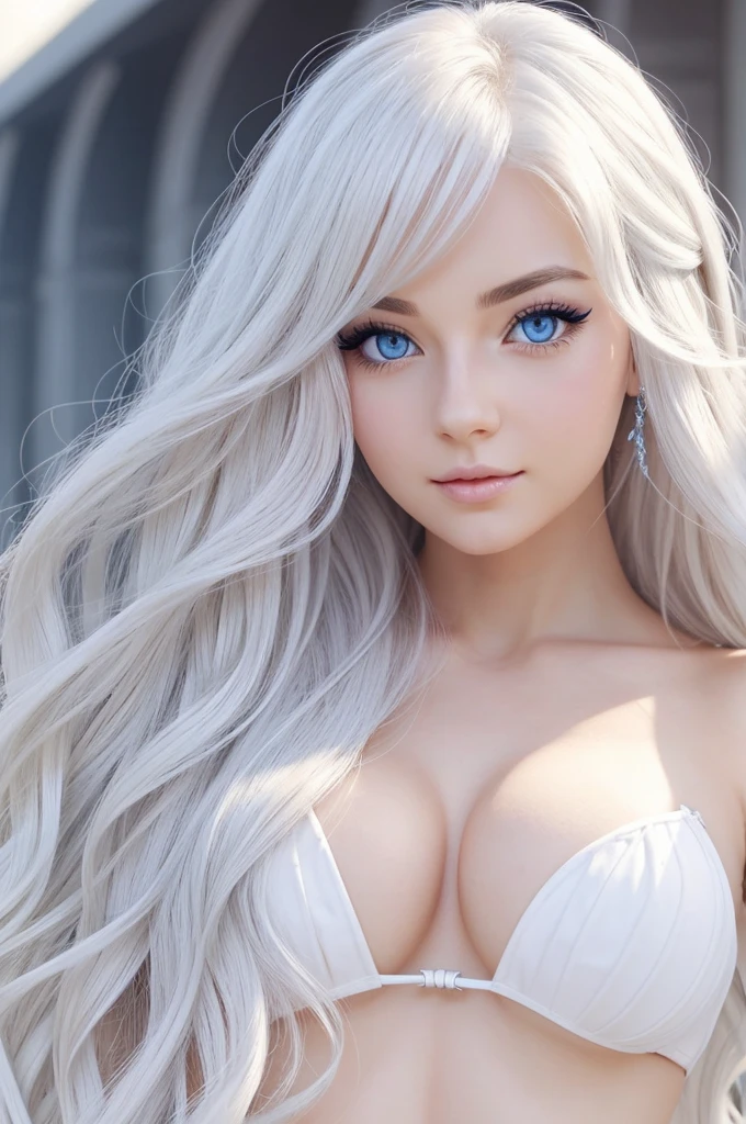 Generates a woman with white wavy hair, with blue eyes and white eyelashes.
Make it the most beautiful, more beautiful than any woman, in anime style.
May your body have curves