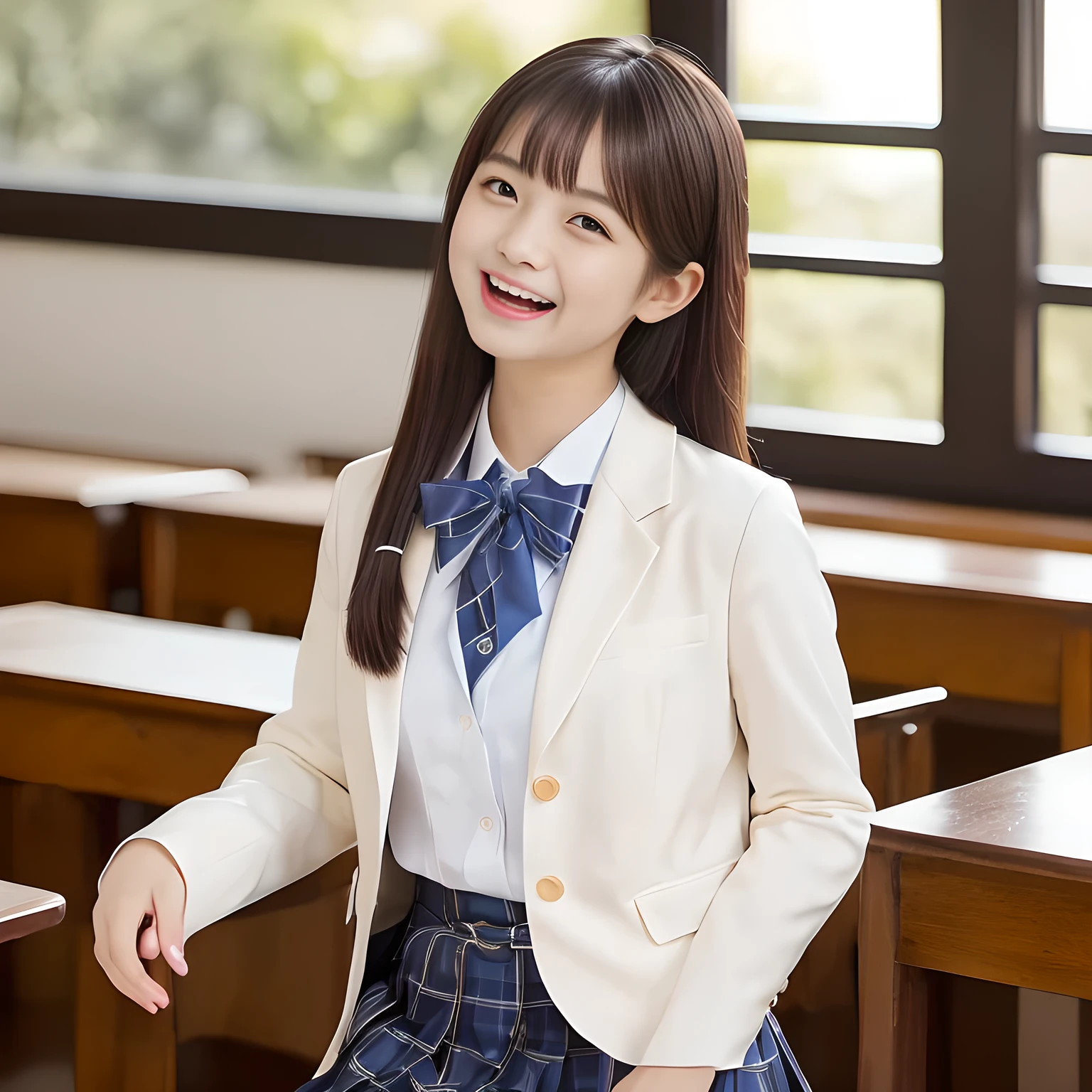 (Highest quality, masterpiece:1.2), Highest quality, High resolution, 1080P, 8k, height: 158cm, ((A noble, graceful and intelligent girl who looks like a best proportion Japanese young lady is turning around and giggling in a strong wind)), ((So sweet, very noble, neat, and pretty Japanese beautiful cute girl)), ((A real, very girly, sweet, cute and noble girl)), ((((A beautiful Japanese cute fashion model)))), ((((Very pure white face and limbs)))), Glossy Lips, (Evenly cut bangs), ((Very beautiful, droopy, cute, pure, noble brown eyes)), ((Super long, black straight hair that reaches the floor)), (Very shiny, glossy Lips), ((Beautiful straight hair like a school promotion model)), Watch at you, ((Incredibly well organized, Rich facial expressions)), ((Plump and beautiful white skin and face)), ((Pure, clear, gentle brown eyes)), ((staring at me)), Glossy Lips, ((noble and elegant)), Very beautiful blue skirt, ((Large upward-curving lips)), White Hand, ((((Navy Japanese school blazer with noble golden emblem)))), ((Navy and sapphire blue Japanese school uniform)), ((Tartan check pattern pleated long skirt)), ((Cobalt blue string chest ribbon)), ((((An ecstatic expression of boundless joy)))), ((plain white background)), ((perfect body)), (((hair beauty magazine for young girls)))