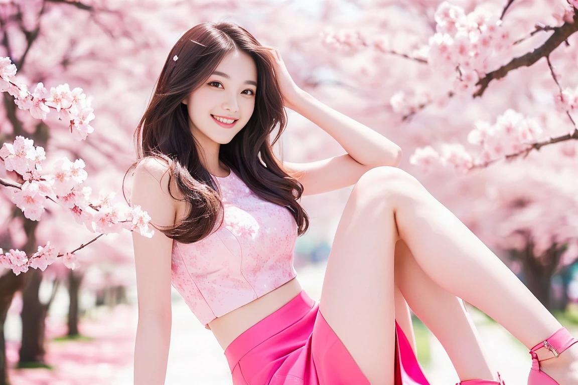Highest quality ((A beautiful smiling woman with long, beautiful legs in a miniskirt)) Photo style Real The face is super beautiful Cherry blossom background