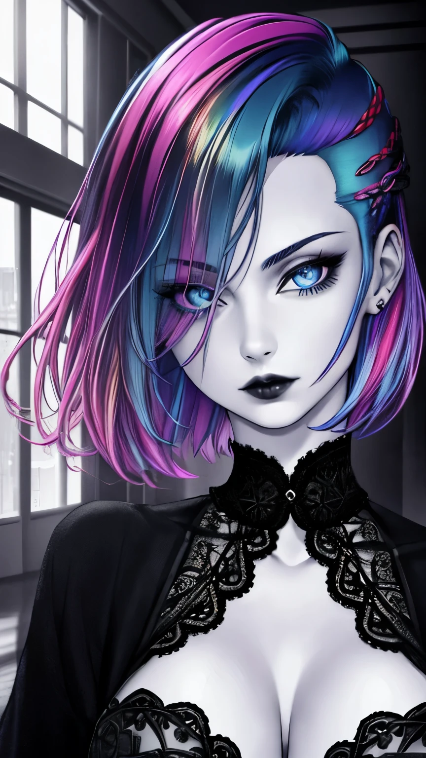 (masterpiece), (extremely intricate:1.3), (realistic), 1girl, solo, goth, pale skin, rainbow hair, buzz cut, detailed blue eyes, portrait, looking at viewer, big breasts, indoors