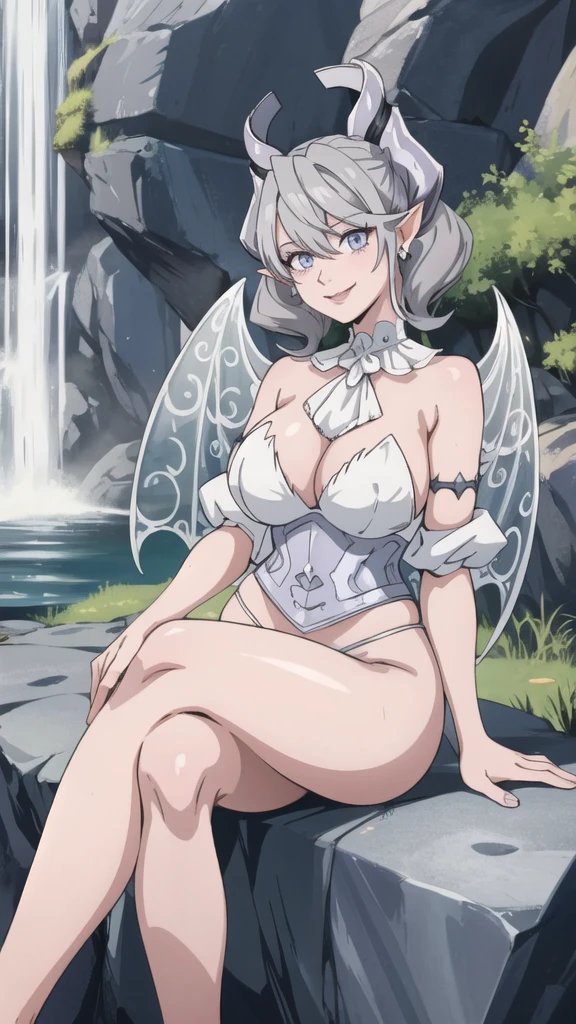 Waterfalls High level image quality best image quality 8K adult woman garden rocks outside more colors whole body view portrait wearing bikini white horn ears short hair((shortcut)(gray hair)(perm)(fluffy)) eye color is blue , , attractive evil face , smile , sexy pose , labrynth , barearm , wearing pink , big wings , sitting , crossed legs